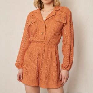 En Crème Sweeney Romper Sz M Crochet Cotton Long Sleeve Buttondown One Piece
